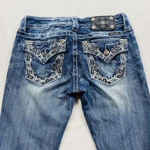 Miss Me Jeans Womens Size 27 Boot Cut Bling Floral Flowers Dark Wash Faded Blue